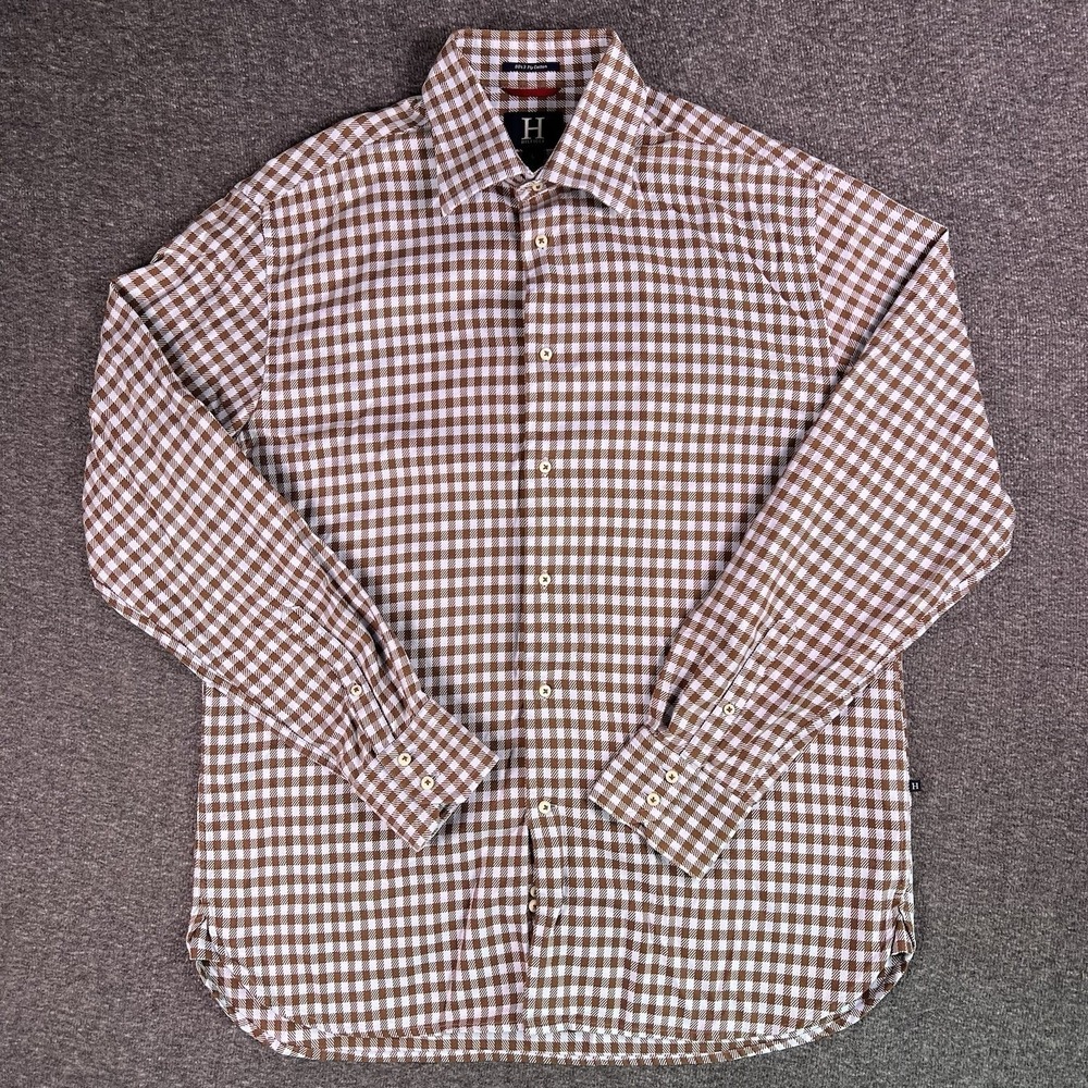 Hilfiger Button Down Shirt Mens L Brown Gingham 80s 2 Ply Cotton Casual Vintage‎